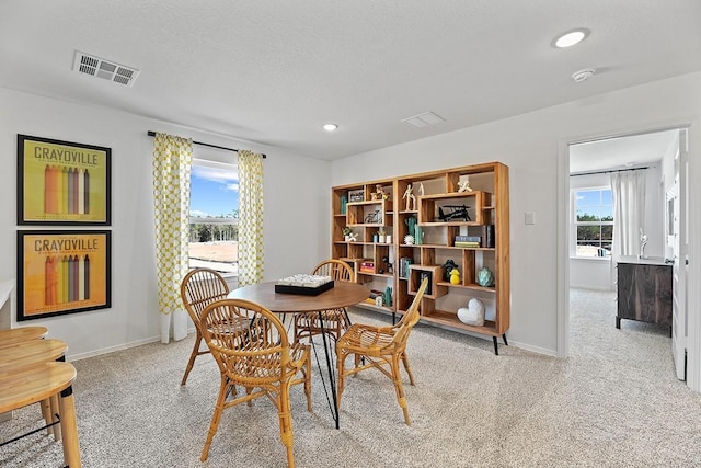 dining space with light colored carpet