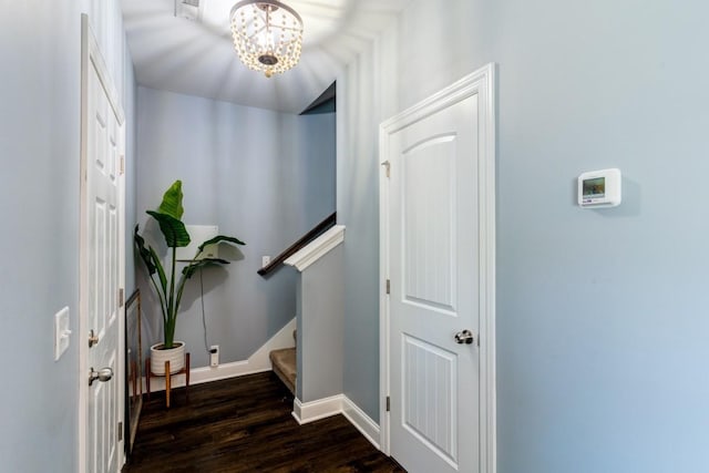 interior space with dark hardwood / wood-style flooring and a notable chandelier