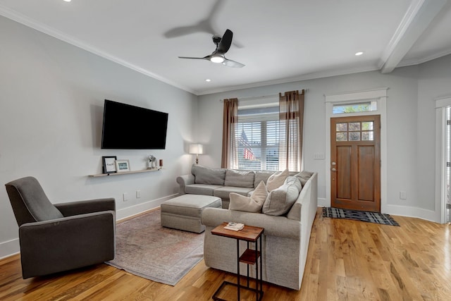 living room featuring ceiling fan, hardwood / wood-style floors, and ornamental molding