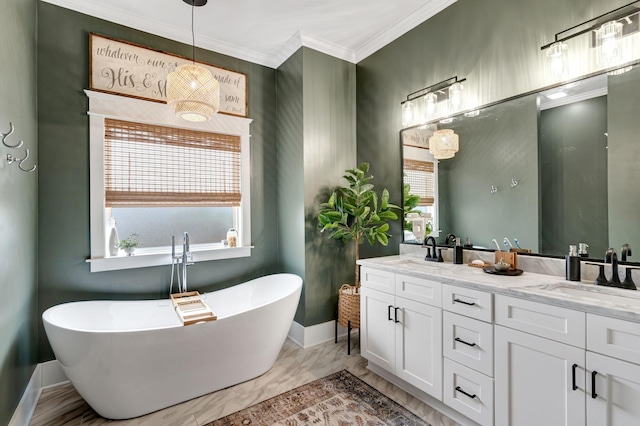 bathroom featuring a bathing tub, vanity, and ornamental molding