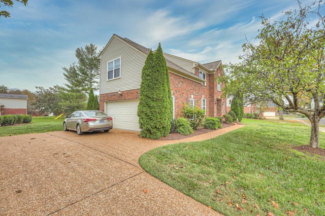 view of home's exterior featuring a garage and a lawn