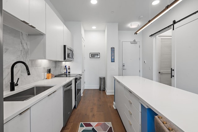 kitchen with white cabinets, a barn door, sink, and stainless steel appliances