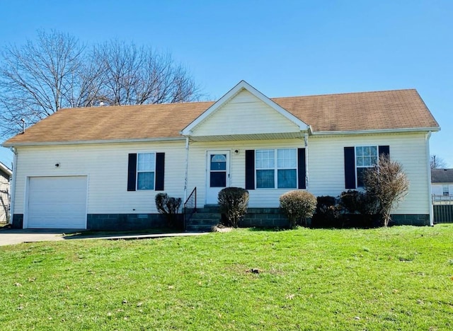 ranch-style house featuring a garage and a front lawn