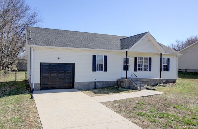 ranch-style house with concrete driveway, a shingled roof, a garage, and fence