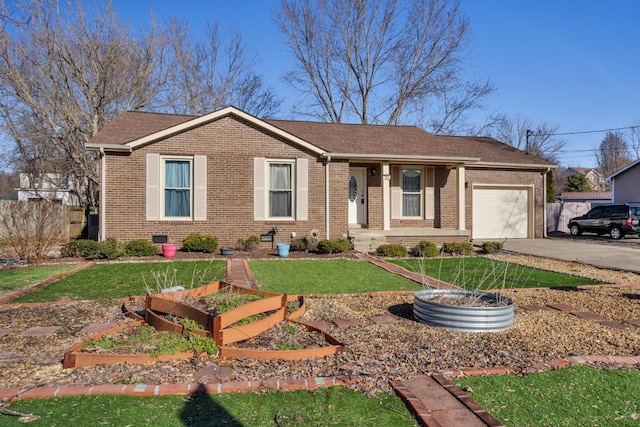 single story home featuring a front yard and a garage