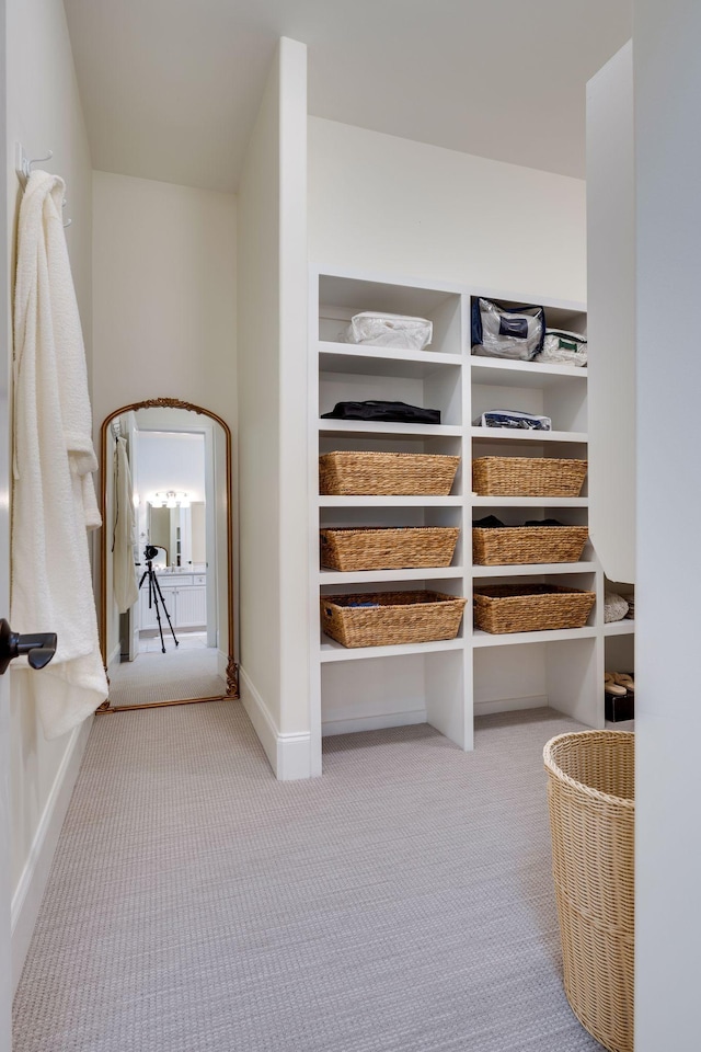 interior space featuring baseboards and light colored carpet