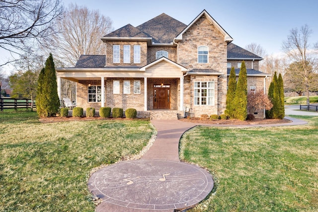 view of front of property with a shingled roof, covered porch, fence, a front yard, and brick siding