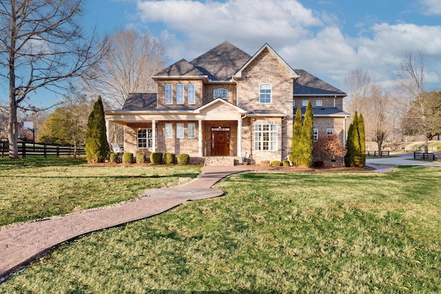 view of front facade with a front lawn, fence, and brick siding