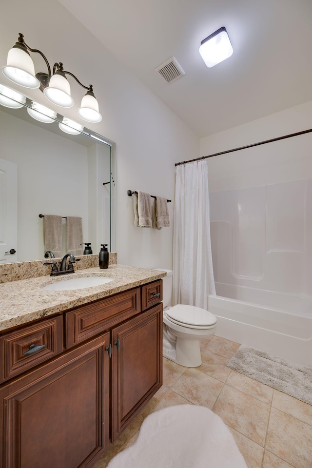 full bath with visible vents, toilet, shower / tub combo, vanity, and tile patterned flooring