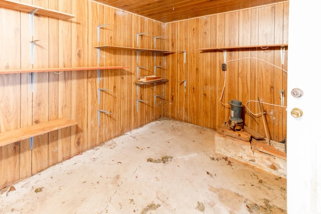 interior space featuring wooden ceiling and wooden walls