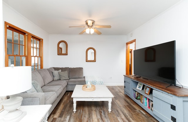 living room featuring ceiling fan and dark hardwood / wood-style floors