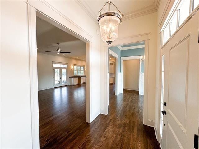 hallway with dark hardwood / wood-style flooring, ornamental molding, and a chandelier