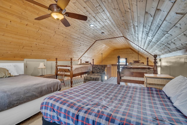 bedroom with wood walls, ceiling fan, lofted ceiling, and wood ceiling