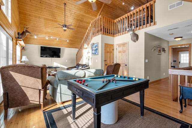 recreation room featuring ceiling fan, high vaulted ceiling, wood-type flooring, wood ceiling, and pool table