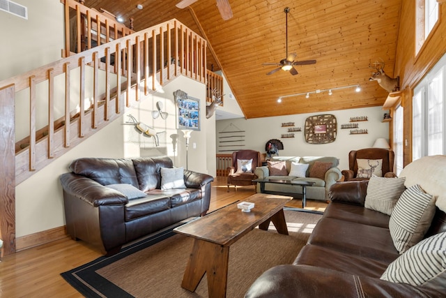 living room featuring hardwood / wood-style flooring, high vaulted ceiling, ceiling fan, and wood ceiling