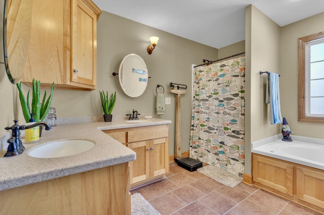 full bathroom with double vanity, a sink, a bath, and a shower with curtain