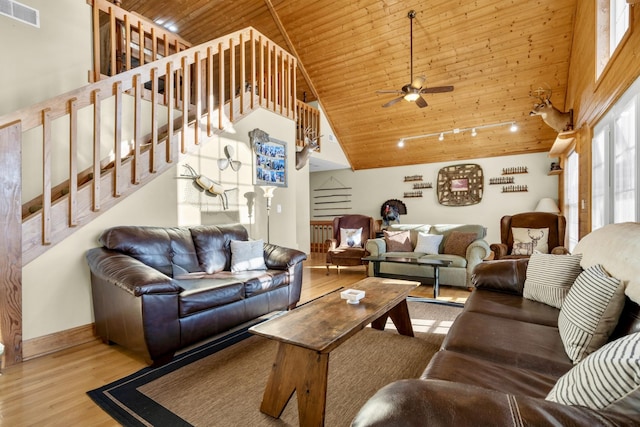 living room featuring high vaulted ceiling, wooden ceiling, wood finished floors, visible vents, and stairs