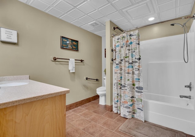 bathroom with tile patterned flooring, toilet, vanity, baseboards, and shower / tub combo with curtain