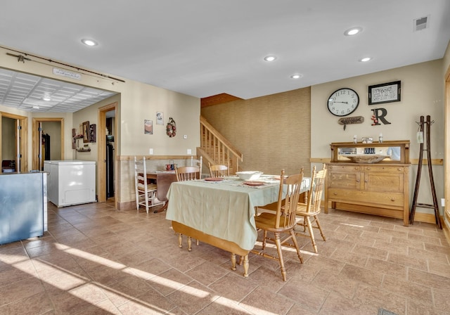 dining room featuring recessed lighting, stone finish floor, visible vents, and stairway