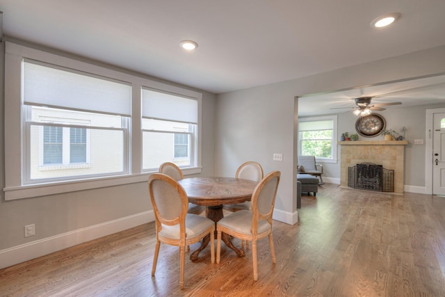 dining room featuring a tile fireplace, light wood-type flooring, and ceiling fan