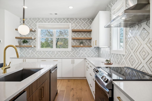 kitchen featuring white cabinets, sink, wall chimney exhaust hood, and appliances with stainless steel finishes