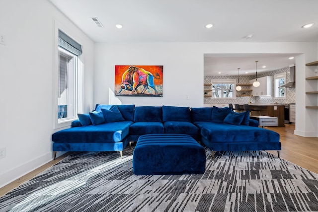 living room featuring hardwood / wood-style flooring and sink