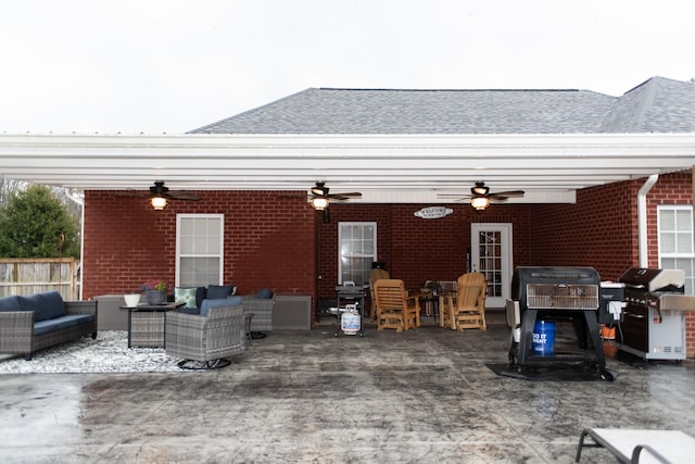 view of patio / terrace with an outdoor hangout area, ceiling fan, and area for grilling