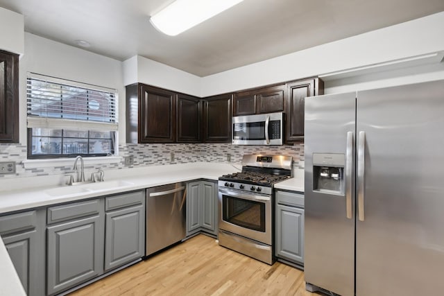 kitchen featuring backsplash, light hardwood / wood-style floors, sink, and stainless steel appliances