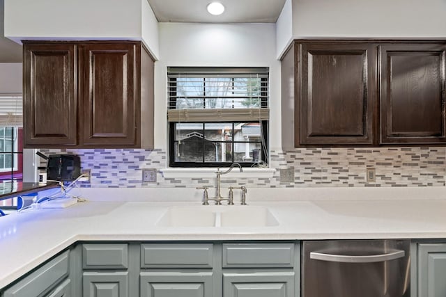 kitchen featuring dark brown cabinets, gray cabinets, stainless steel dishwasher, and sink