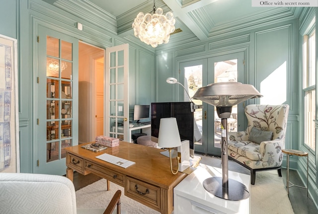 office with a chandelier, french doors, beam ceiling, ornamental molding, and coffered ceiling