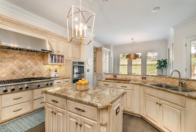 kitchen featuring hanging light fixtures, tasteful backsplash, an inviting chandelier, appliances with stainless steel finishes, and sink