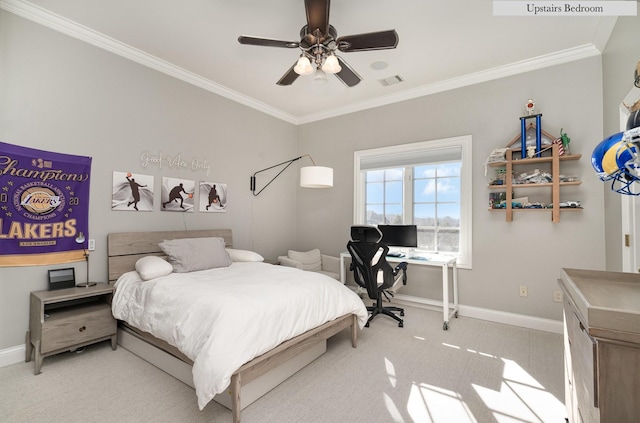 bedroom featuring light carpet, ceiling fan, and crown molding