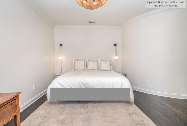 bedroom with light wood-type flooring and crown molding