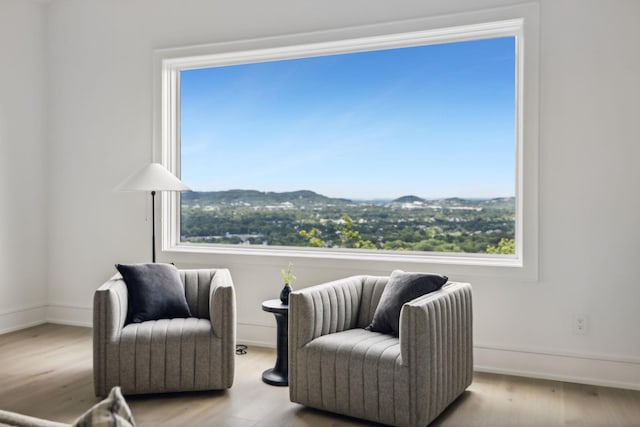 living area with a mountain view, light wood-type flooring, and a healthy amount of sunlight