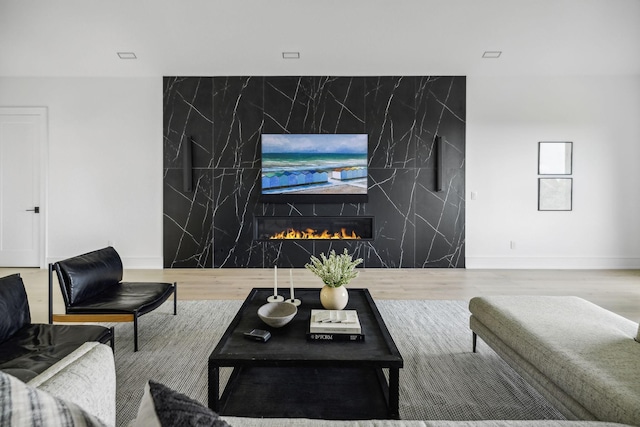 living room featuring a premium fireplace and hardwood / wood-style flooring