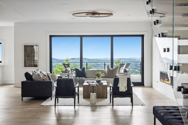 dining room featuring a mountain view and wood-type flooring