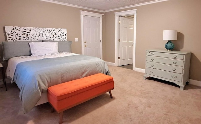 carpeted bedroom featuring a textured ceiling and ornamental molding