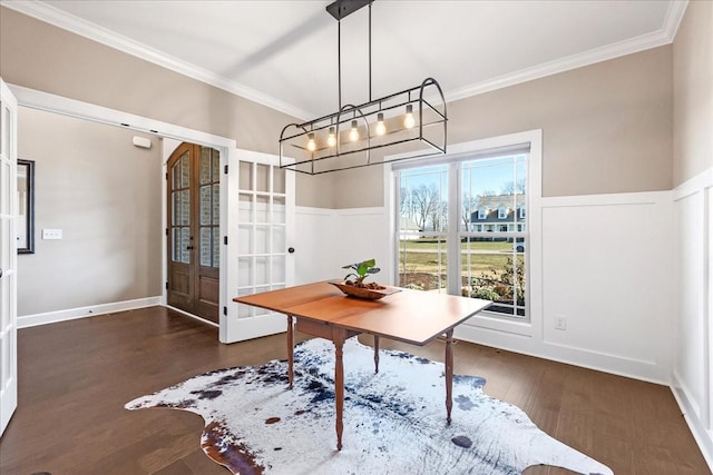 office area featuring french doors, dark hardwood / wood-style floors, and ornamental molding