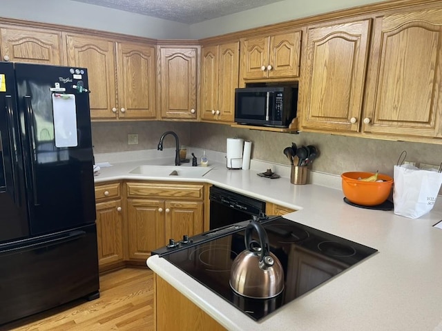 kitchen featuring sink, light hardwood / wood-style flooring, a textured ceiling, and black appliances