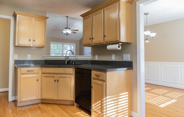 kitchen with dishwasher, sink, ceiling fan, light brown cabinets, and light wood-type flooring