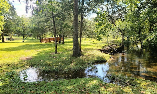 surrounding community featuring a water view and a lawn