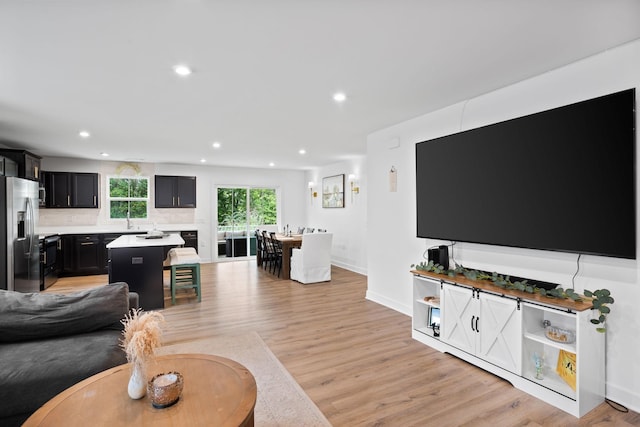 living room featuring sink and light wood-type flooring