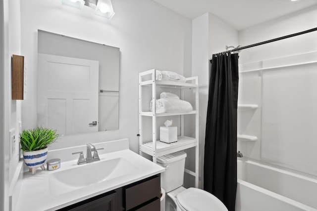 full bathroom featuring shower / bath combination with curtain, toilet, and vanity