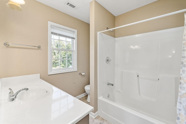 full bathroom featuring shower / bathtub combination with curtain, tile patterned flooring, vanity, and toilet