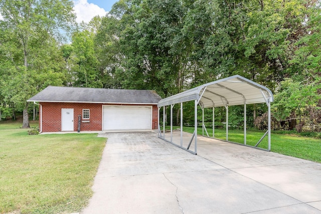 garage featuring a carport and a lawn