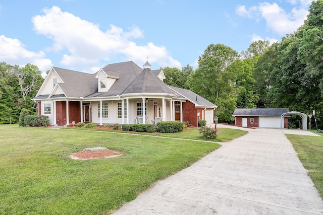 view of front facade featuring a porch, a garage, a carport, and a front lawn