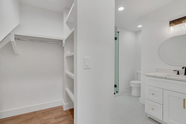 bathroom featuring vanity, toilet, and wood-type flooring