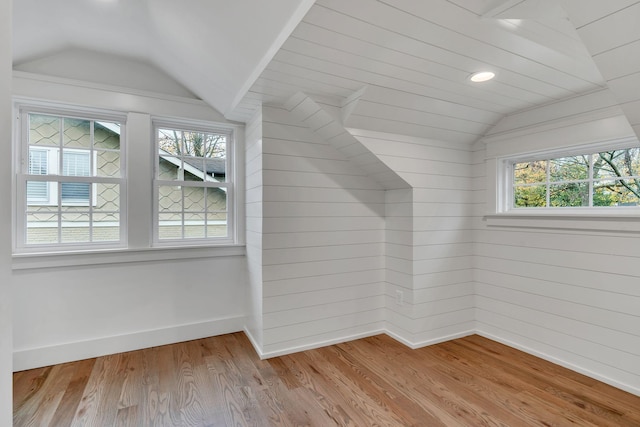 additional living space with plenty of natural light, light hardwood / wood-style floors, and lofted ceiling