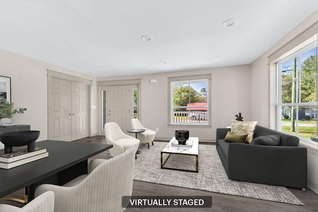 living room featuring a wealth of natural light and dark hardwood / wood-style floors