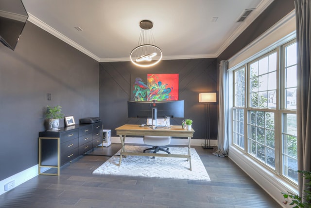 office area featuring crown molding, dark wood-type flooring, and a chandelier